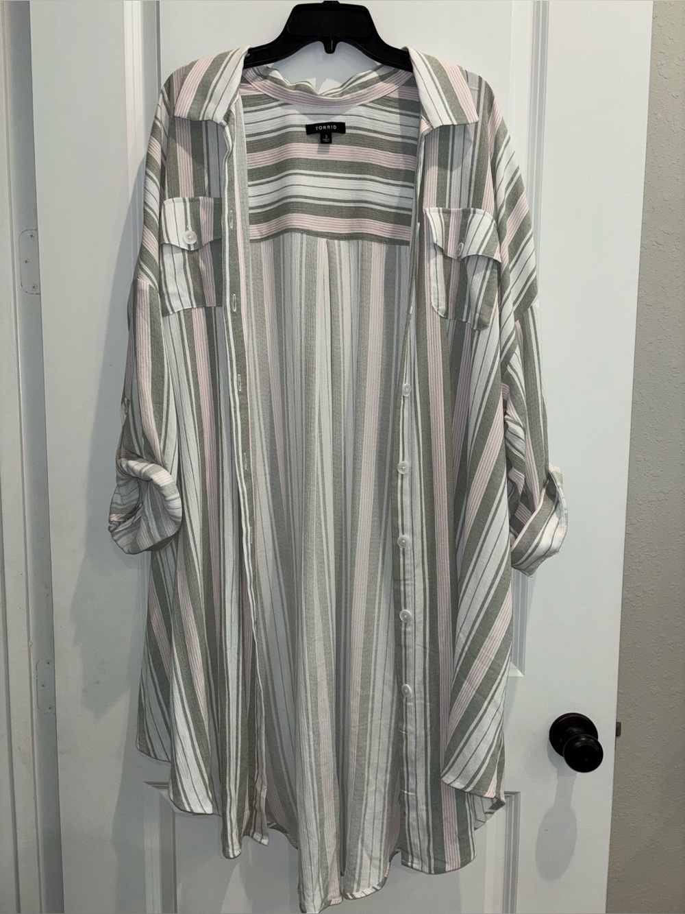 Torrid Sage Pink Stripe Gauze Shacket Cardigan Oversized Button Front Size 3